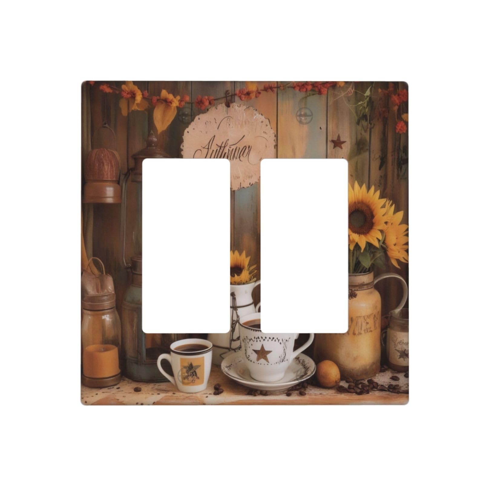 Spshian Vintage Coffee Mug Kitchen Sunflower Farmhouse Wood Plank Outlet Covers Double Rocker Light Switch Cover Decorative 2 Gang Gfci Wall Plate