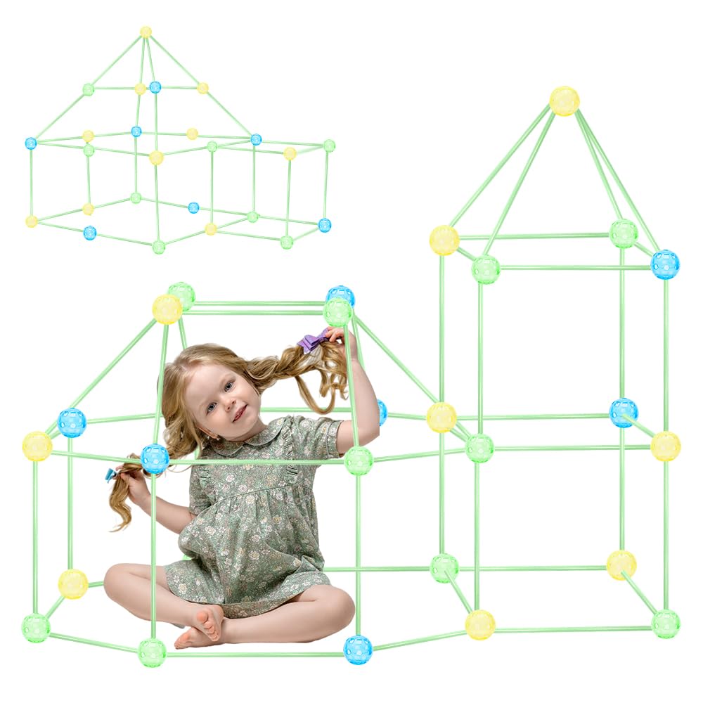 Fort Building Kit, Glow In The Dark 155 Pcs Kids Fort Building Kit Construction Toys Diy Crazy Forts Indoor Outdoor For 4,5,6,7,8,9,10 Years Old Boys Girls