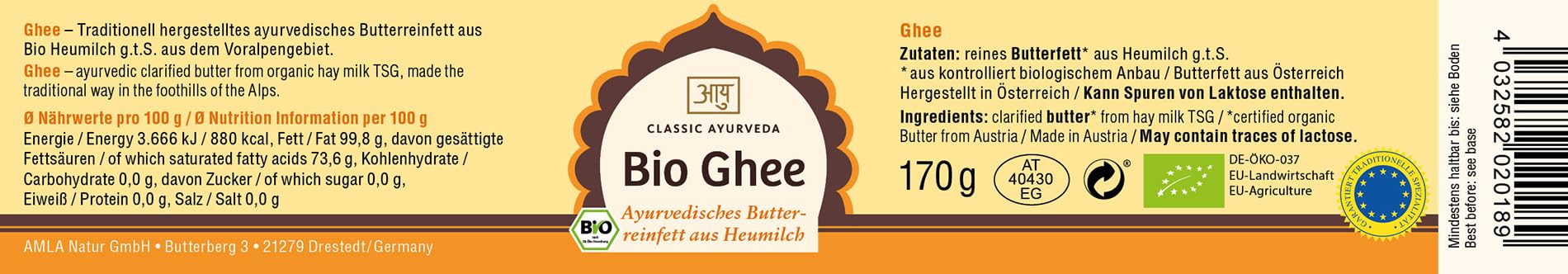 Classic Ayurveda - Bio Ghee aus Heumilch g.t.S. - 170 g - Strahlend golden, nussig, ideal für Braten, Backen und Dünsten