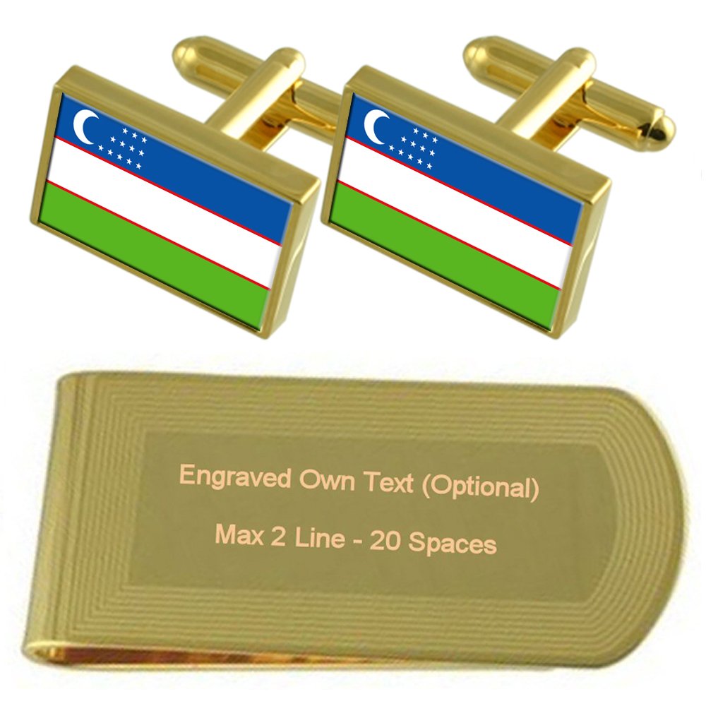 Uzbekistan Flag Gold-tone Cufflinks Money Clip Engraved Gift Set