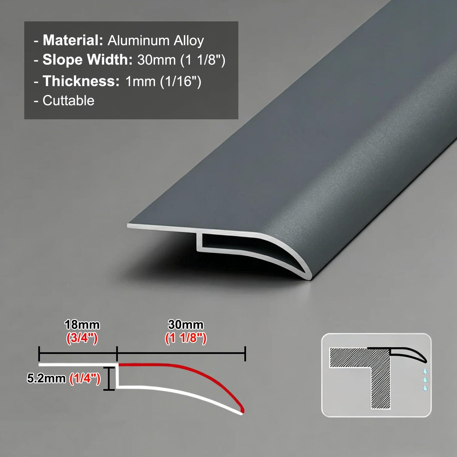 Perfil de Transición para Suelo Perfil de Aluminio Vierteaguas para Patio, Canalón Barrera Contra la Lluvia para Ventanas Exteriores, Moldura Desviadora de Goteo(30mm (1 1/8"),4.0m (13ft))