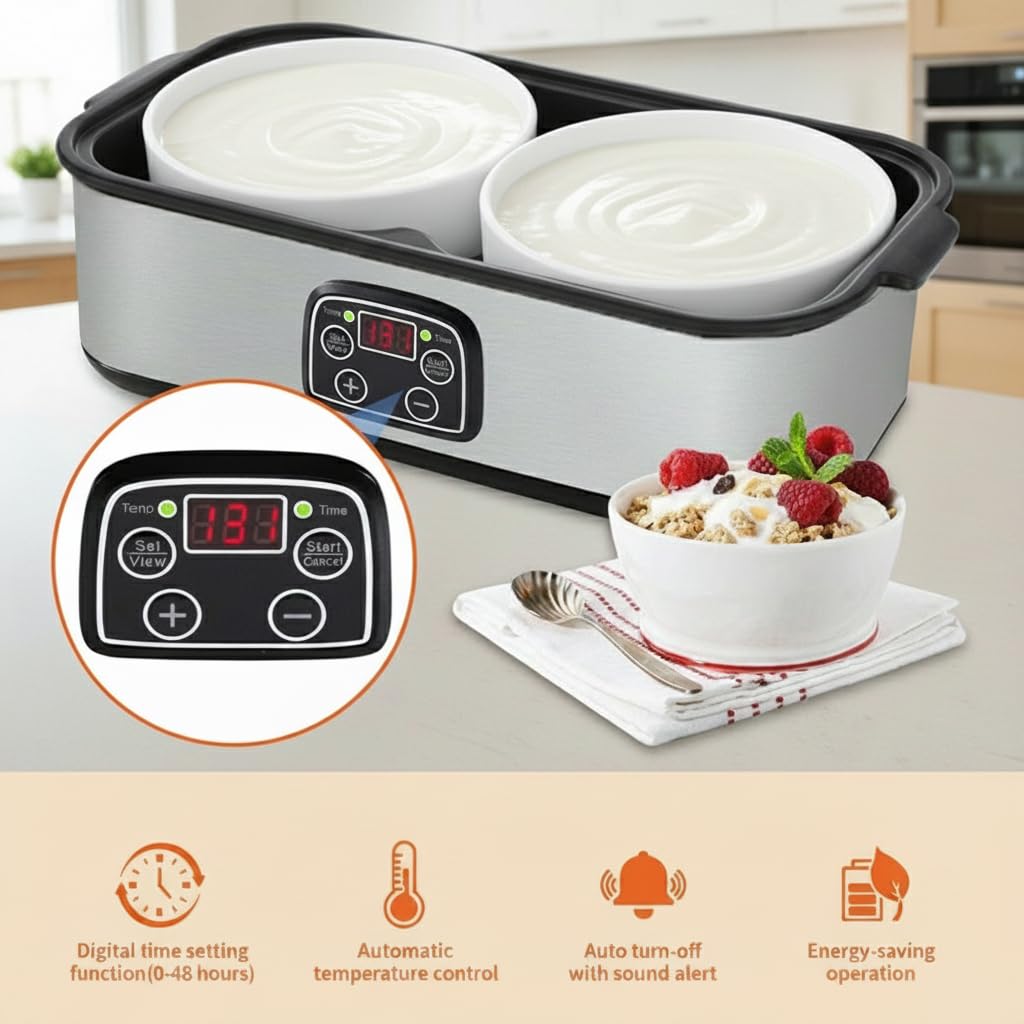Yogurtiera automatica, 2 l, temperatura regolabile e timer, yogurtiera elettrica con indicatore LED e 2 contenitori in vetro, ideale per la preparazione di yogurt biologico, latticini, formaggio