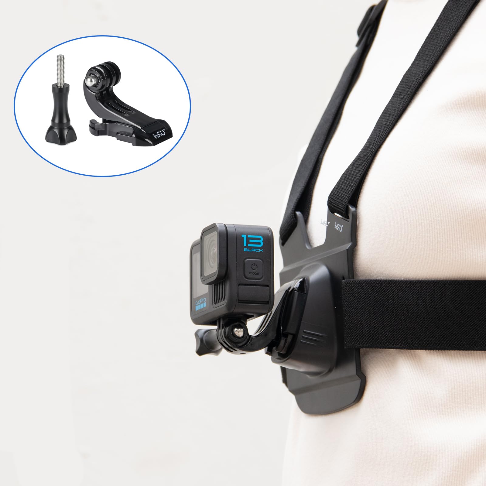 HSU Soporte de pecho ajustable correa de pecho para cámaras de acción, con cierre rápido J-Hook Clip y soporte vertical adaptador de cámara, grabación POV Set de accesorios para senderismo, esquí y
