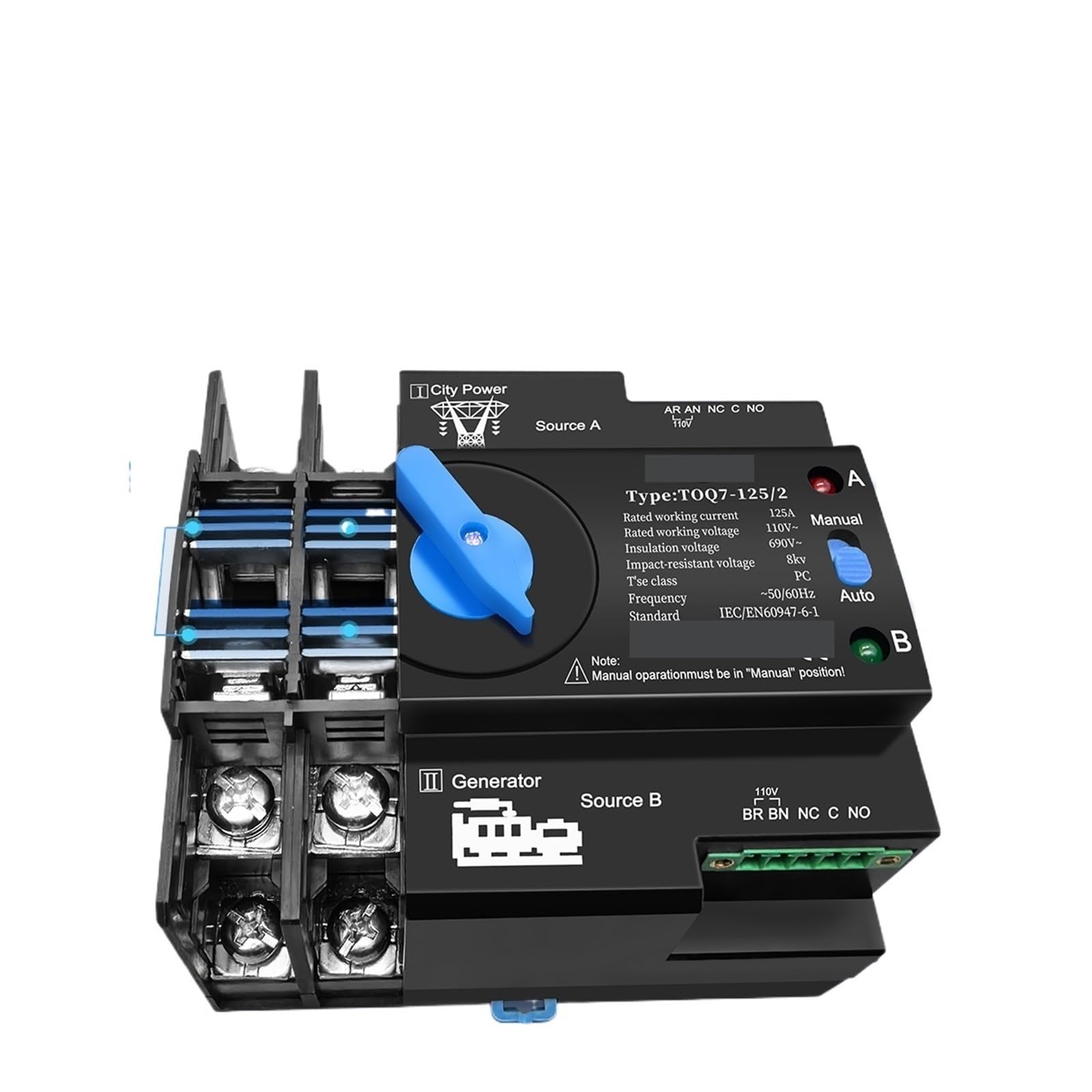 Din Rail ATS 110V 120V Dual Power Automatic Electrical Selector Switch 2P 63A 100A 125A 1Pcs(63A)