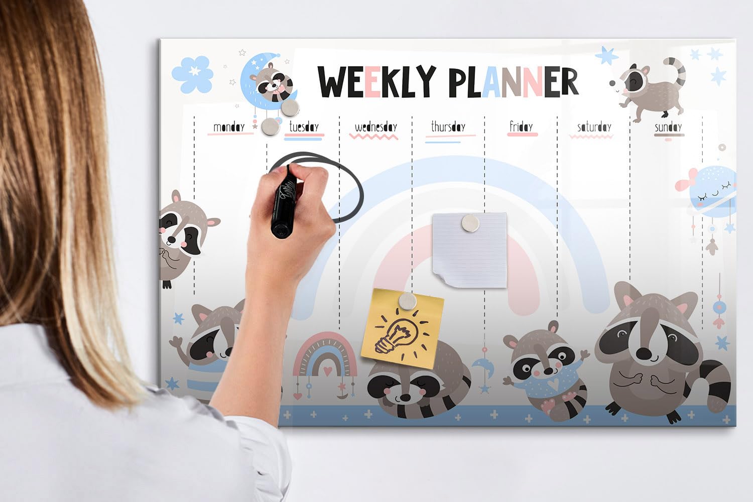 Lavagna da Parete Magnetica in Vetro | Include Magneti, Pennarello e Gomme | Ideale per Ufficio, Casa, Studio e Task Planning - 90x60 - Agenda settimanale per bambini