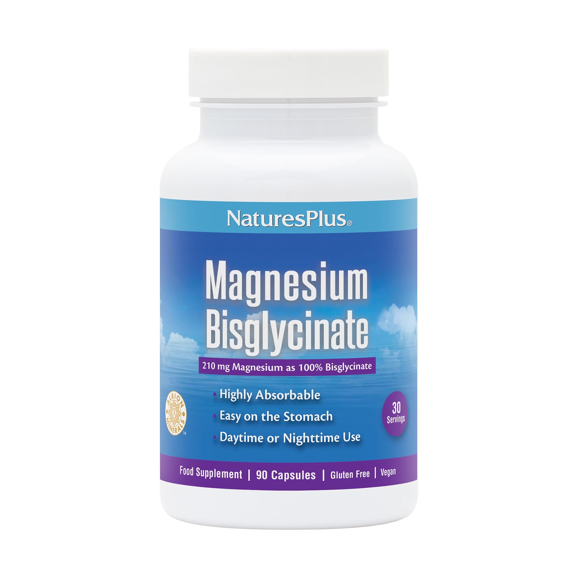 NaturesPlus Magnesium Glycinate Capsules for Stress Support, Rest and Relaxation - Vegan, Gluten Free - 90 Capsules