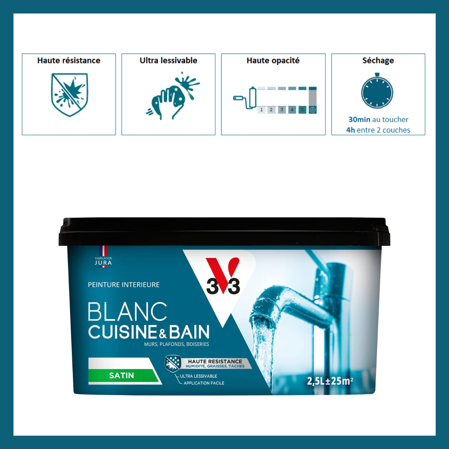 V33 Peinture salle de bain/cuisine blanche satinée, Haute résistance, BLANC CUISINE & BAIN 2,5L | Haute résistance Humidité Graisse Tache, Murs, Plafonds, Boiseries, Ultra Lessivable, Application Facile