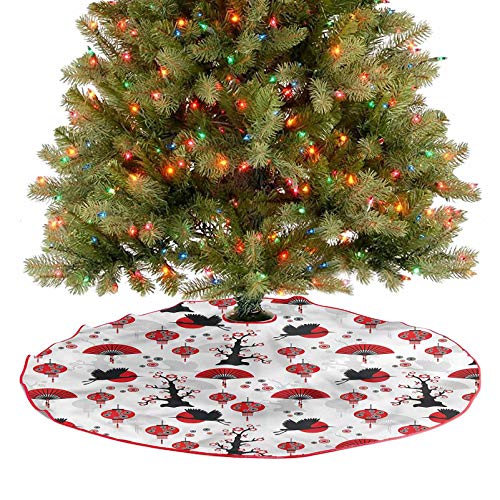 ThinkingPower Falda de árbol de Navidad con borla, grúa voladora, pájaros, farolillos para fiestas de Navidad, decoración de vacaciones, diámetro de 91,4 cm