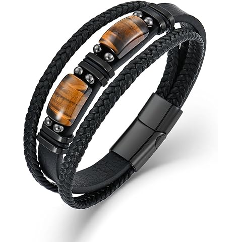 Mens Leather Bracelet Natural Tiger Eye Protection Multilayer Braided Wristband Ban...