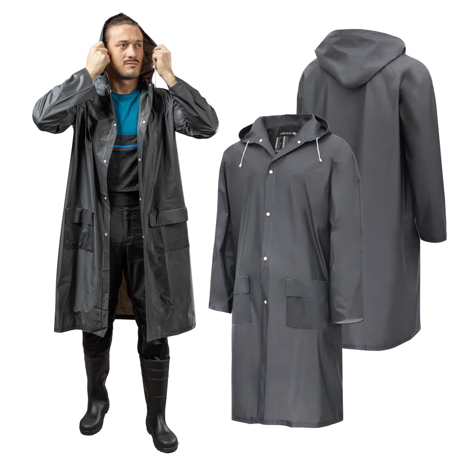 B2c Unisex Black Waterproof Pvc Raincoat Men's Women's Adult Long Rain Jacket Hooded Coat Size Xl (54)