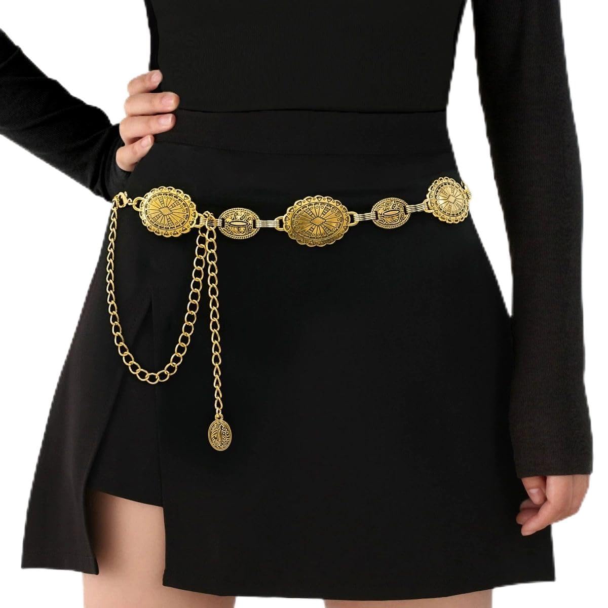 Waist Belt for Women Metal Concho Hip Belt for women Saree Waist Belt Adjustable Boho Western Fashion Saree Belt Chain Belts for Dresses, Jeans, Skirts-image-16