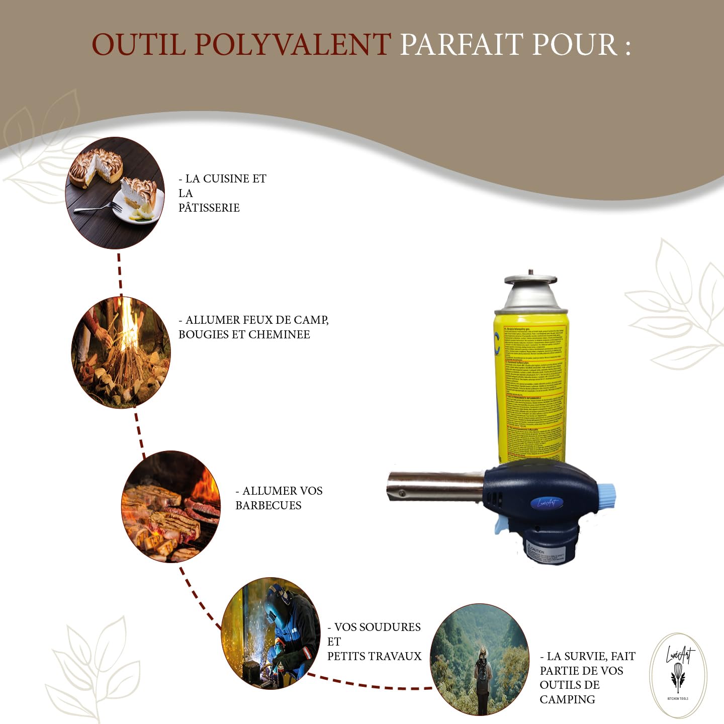 Chalumeau De Cuisine LuxéArt + Cartouche Gaz Incluse - Flamme Réglable Jusqu'à 1300°C - Idéal Pâtisserie, Barbecue & Bricolage