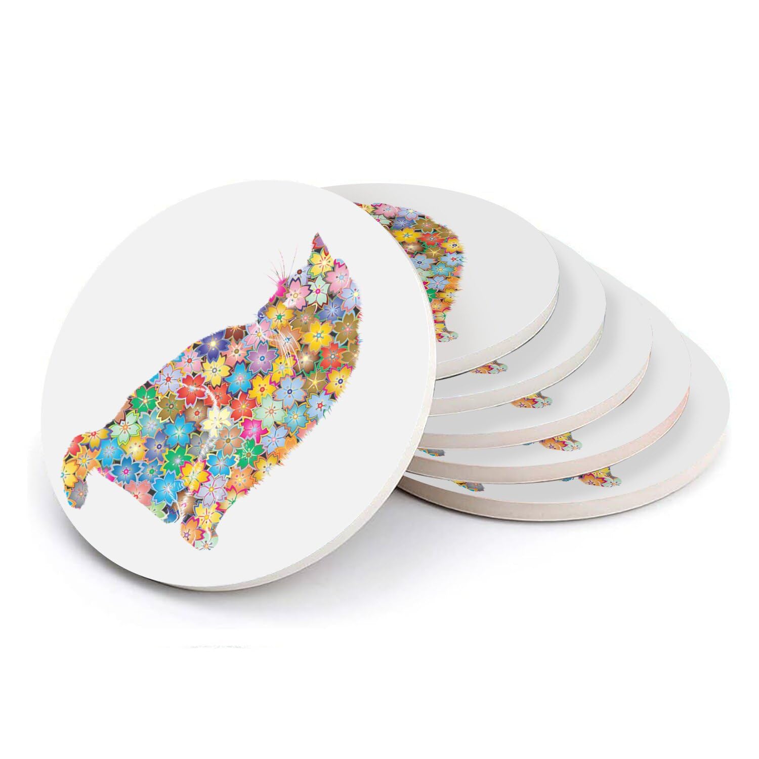 Sous verre ronds en céramique chat - Dessous de verre fleurs multicolor table salon et cuisine