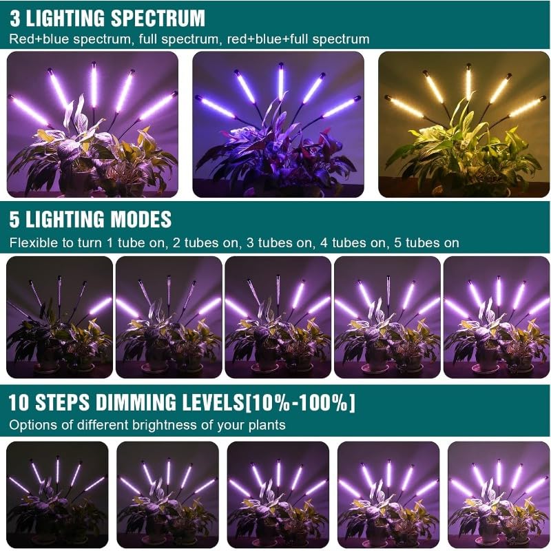 Lámpara de Plantas, Luces de cultivo, luz de plantas de 5 cabezales for plantas de interior, luz de cultivo de espectro completo LED, luz de cultivo de plantas con trípode de 60 pulgadas