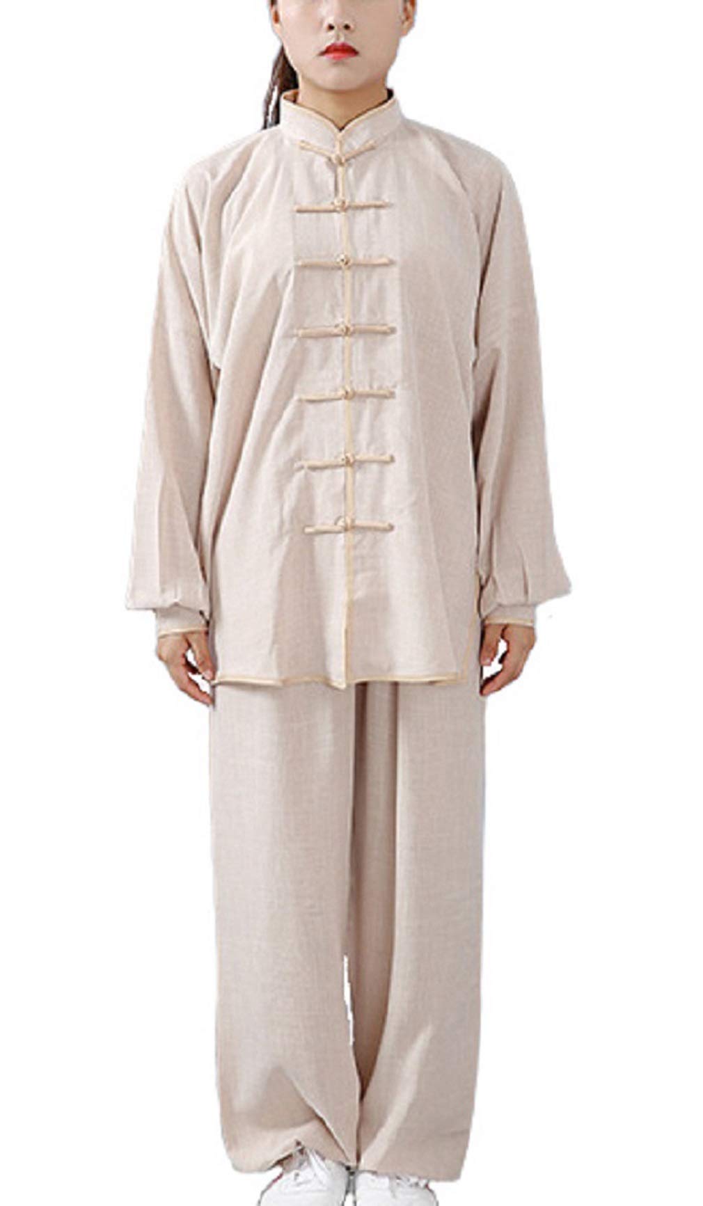 FUYUFU Coton et Lin Tenue de Tai Chi Unisexe Vêtements D’Arts Martiaux Kung-fu Costume pour Homme et Femme (Un Ensemble) (Kaki/Manches Longues, XS)