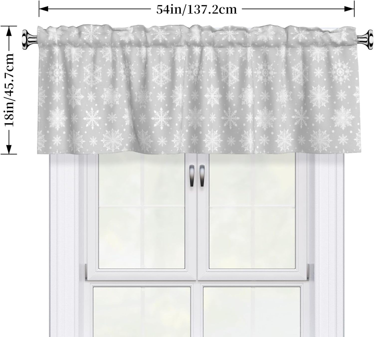 Christmas Valance for Windows Winter White Snowflake Dot Gray Short Kitchen Curtain Valances Rod Pocket Window Treatment for Living Room Bedroom Bathroom Decor 1 Panel, 54x18in