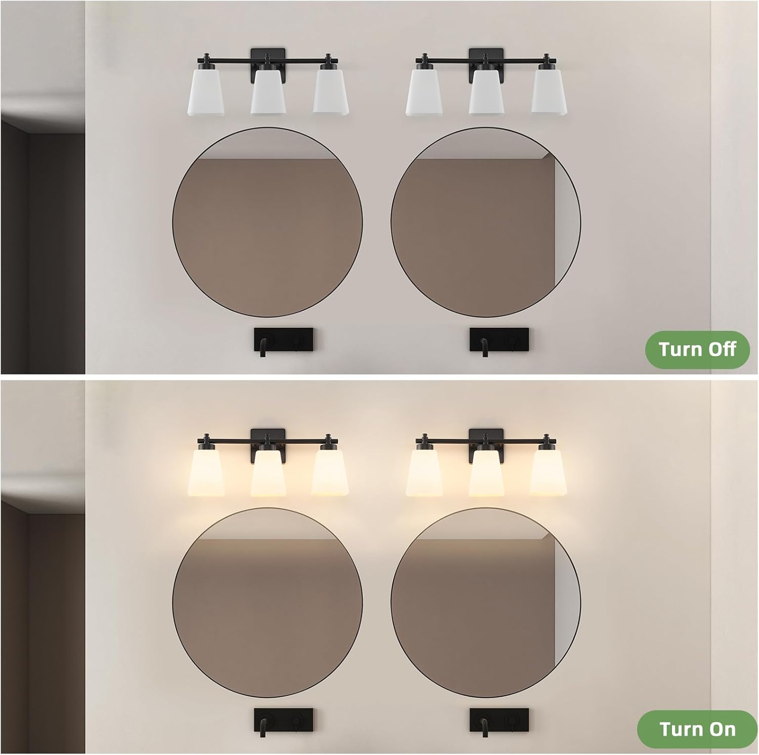 3-Light Bathroom Light Fixtures, 20" Black Modern Vanity Lights with Glass Shade, Bathroom Wall Lamp for Mirror Kitchen Living Room Hallway Porch