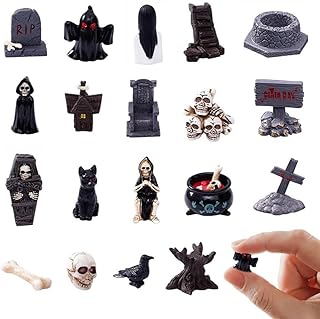 19PCS Halloween Miniature Figurines,Creative Mini Skull Heads, Crow, Tombstone Scene Ornaments Set - Horror Village Collec...