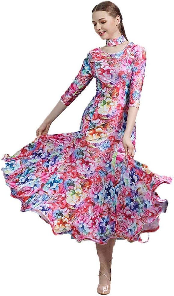 SELICO Printed Crew Neck Ballroom Dance Dresses for Women Competition Smooth Latin Dance Dress