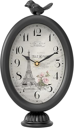 Reloj de mesa vintage con pájaro, escritorio y estante decorativo, estilo francés de París, relojes de repisa de metal negro antiguo para sala de