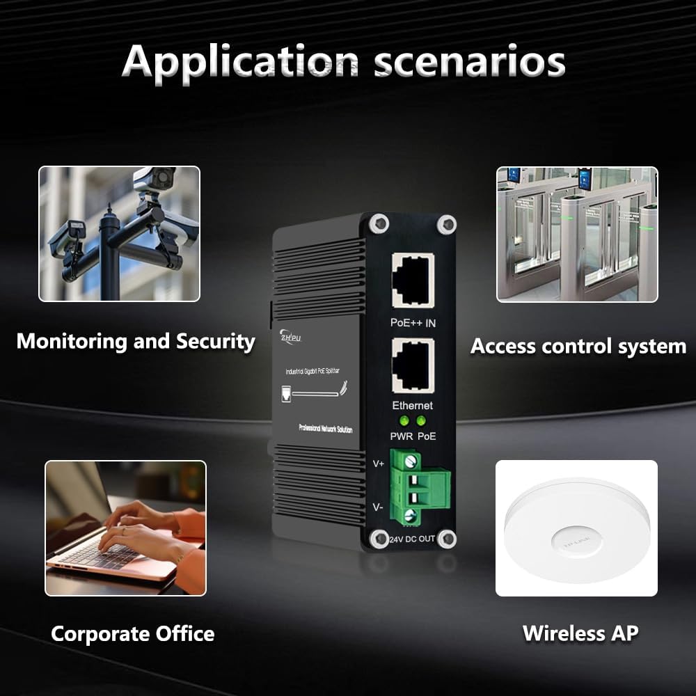 Industrial Gigabit 95W PoE++ Splitter IEEE802.3at/af/bt 24V DC Output Power Supply for Security Cameras, Access Control Systems