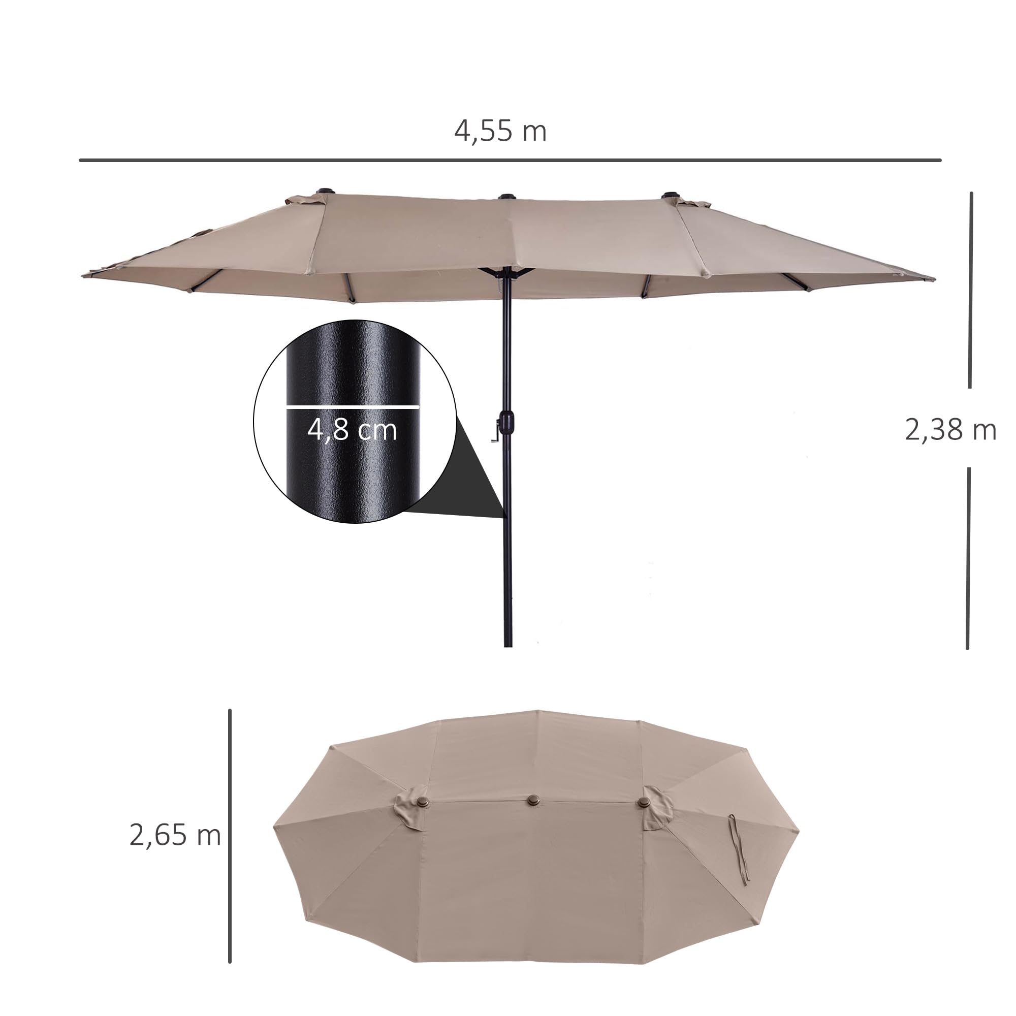 Outsunny Parasol de jardin exterieur parasol double rectangulaire 4,6L x 2,7l x 2,4H m avec ouverture fermeture manivelle, cadre en acier, toile 180 g/m², parasol pour balcon, piscine, marron