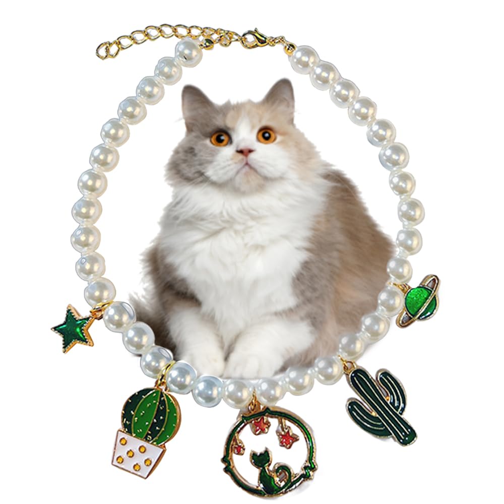 Ouliget Pet Cat Dog Pearl Collar,Adjustable Cute Cat Teddy Necklace,Fashion Personalized Pearl Jewelry Gifts Pendant for Small Dogs Cats Birthday Decoration,8 to 10 inches