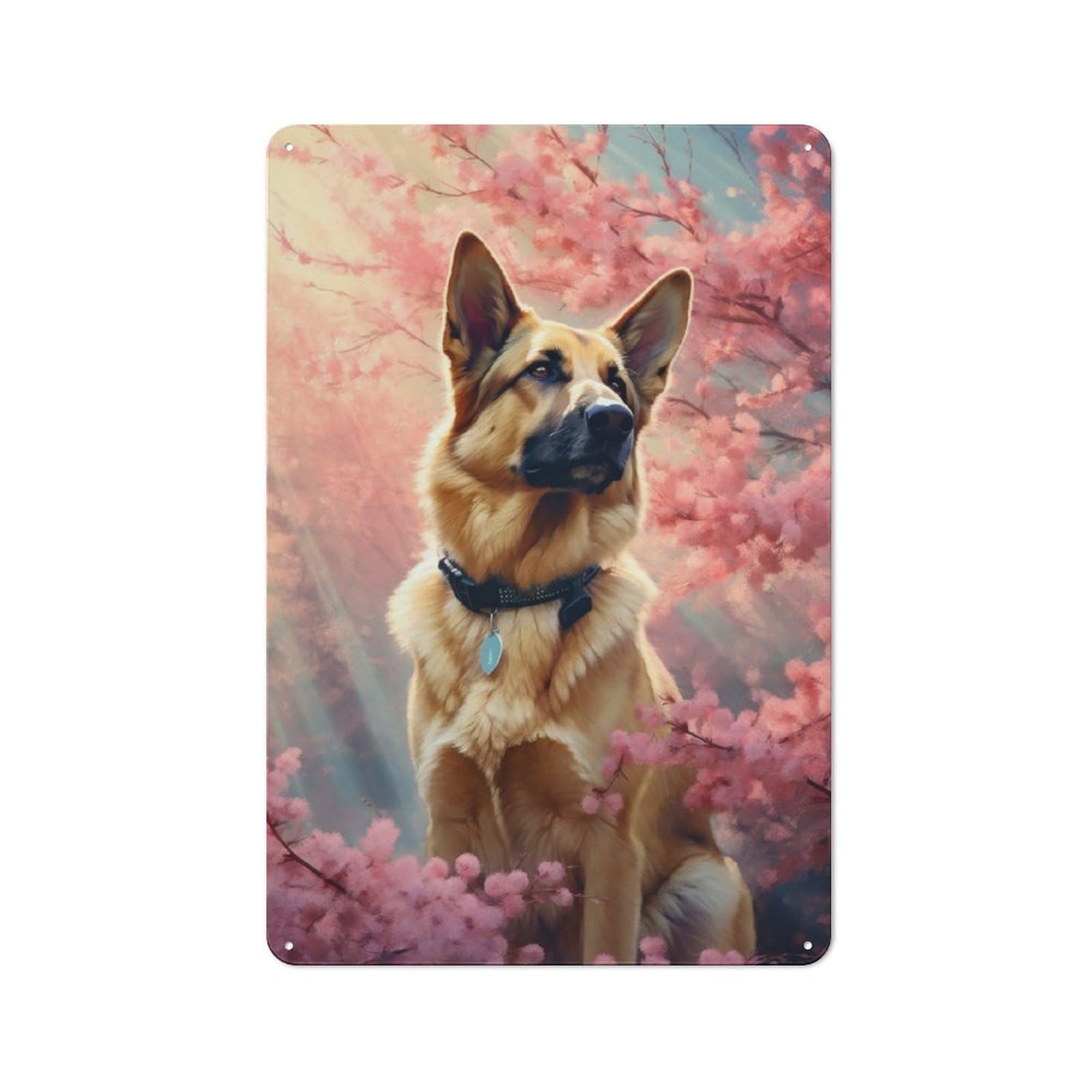 Junmoney German Shepherd Cherrytree Rustic Metal Wall Sign 30X20cm For Home Office Or Studio, For Garage, Workshop And Man Cave Decoration