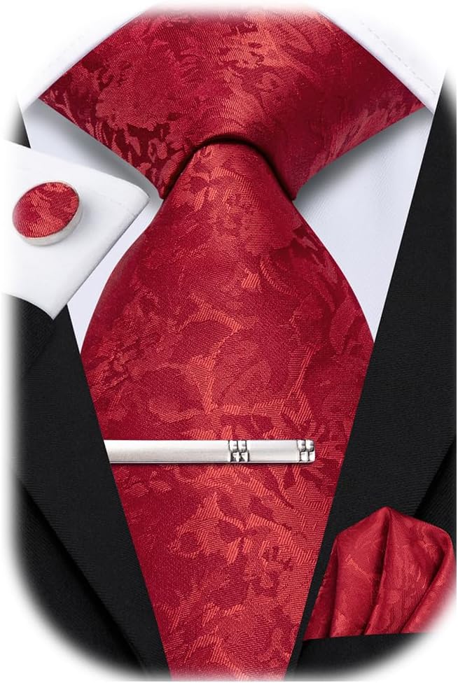 Hi-TieSilk Ties for Men Pink Blue Black Mens Ties Set 4 PCS Necktie Pocket Square Cufflinks Clip Pin for Wedding