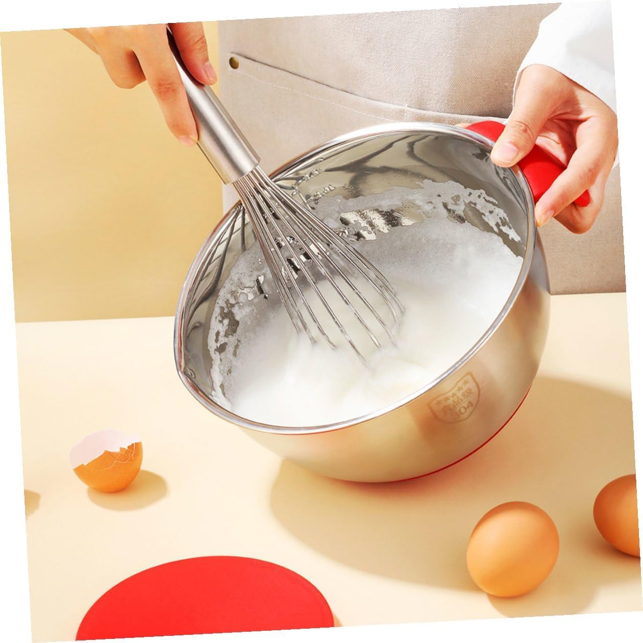 BESPORTBLE Stackable Stainless Steel Mixing Bowls with Silicone Non-slip Base, 18cm 20cm Red Handle Salad and Egg Beating Bowls Set with Lids and Vegetable Peelers for Kitchen Cooking