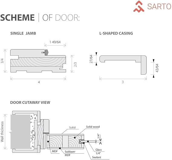 SARTODOORS Interior French Doors 72 x 96 inches | Quadro 4088 Ginger Ash | Double Swing Doors | Frosted Glass | Living Room Office