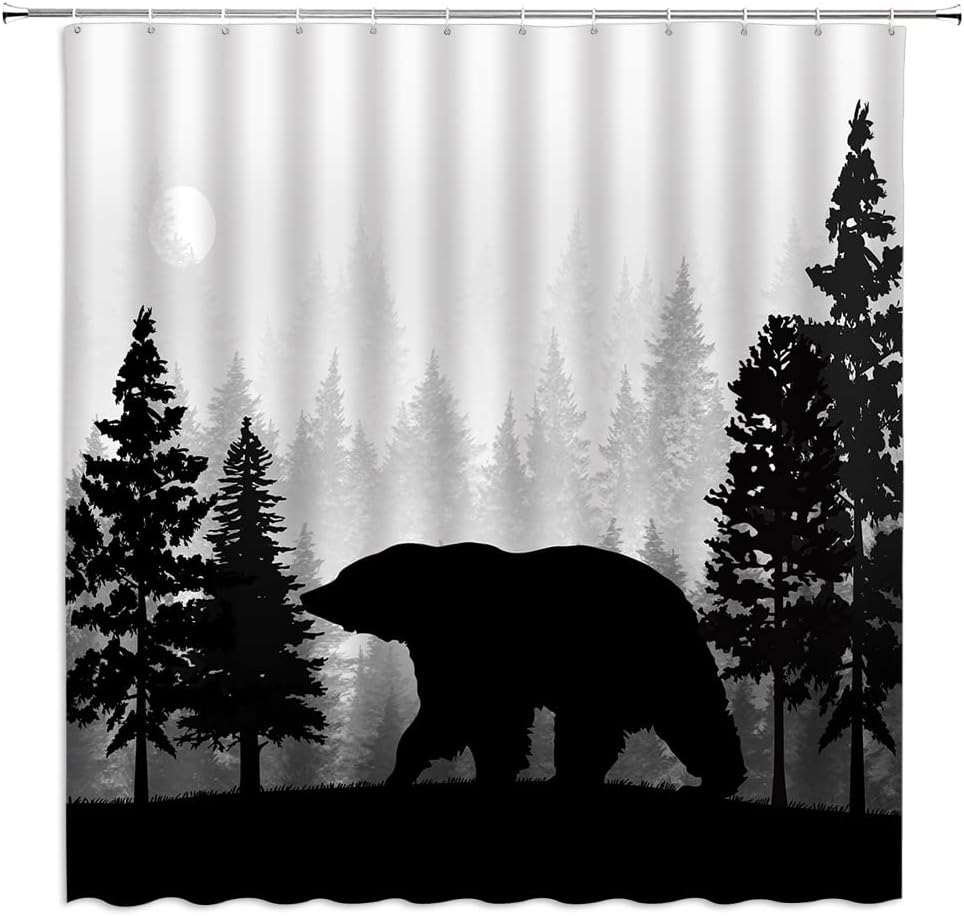Rustic Deer Shower Curtain Wild Animal Silhouettes Black and Grey Forest Pine Tree Bird Wooden Board Farmhouse Vintage Elk Art Fabric Home Bathroom Decor Set with Hooks（78" Wx70 H）