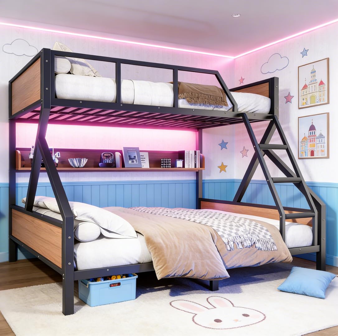 Photo 1 of ***PARTIAL SET***Bellemave Bunk Bed Queen Over King with LED, Heavy Duty Metal Bunk BedFrame with Storage Shelves and Lights, Woodgrain+Black