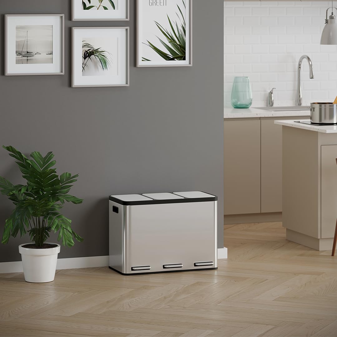STEELSØN Epsilon Mülleimer 3x15L, 3 Fächer, aus Edelstahl in Silber | Mülltrennsystem Küche, Tretmülleimer mit Soft-Close-Deckel, Abfalleimer + herausnehmbaren Inneneimern für Recycling/Restmüll