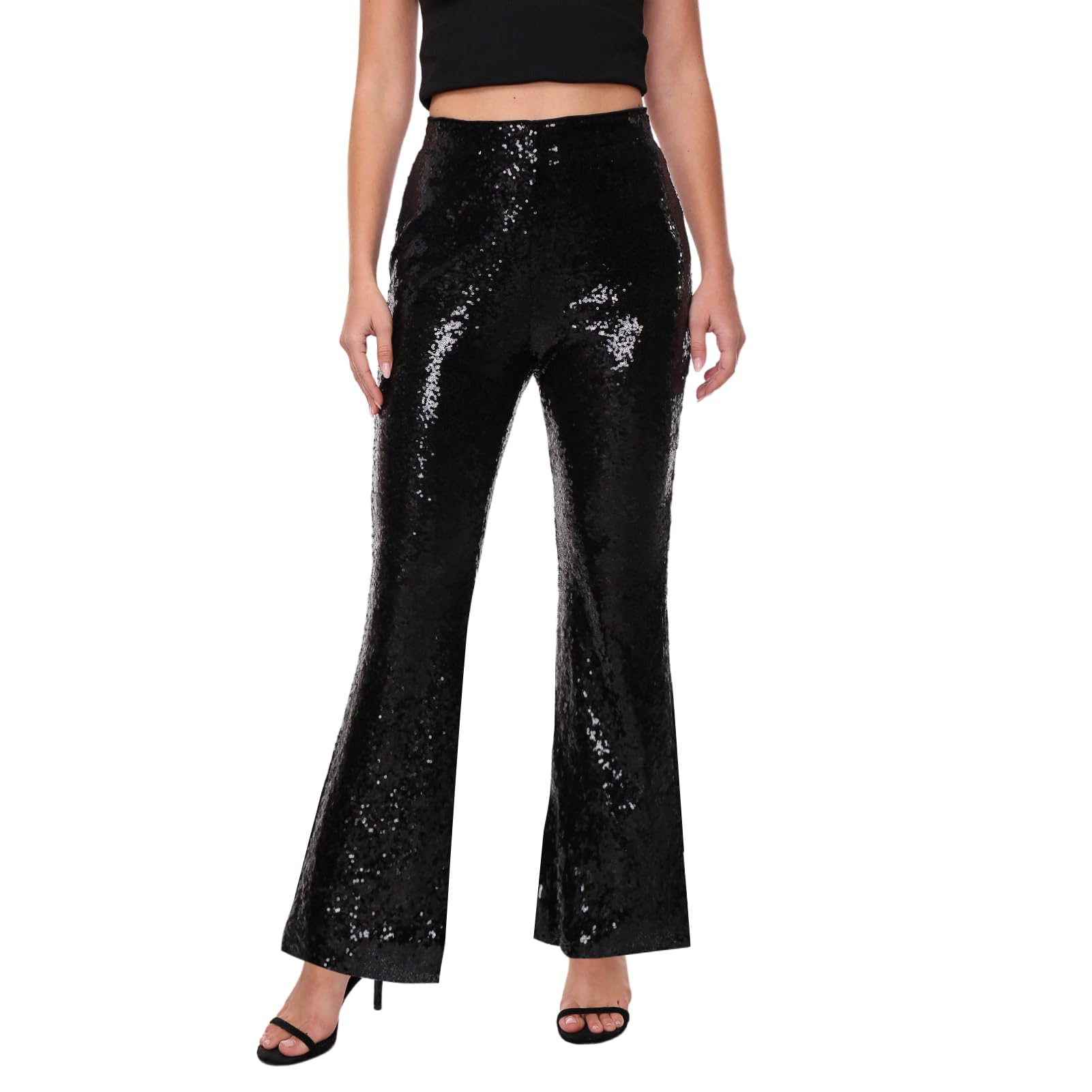 YYPBI Womens Sequin Pants Sparkly High Waisted Wide Leg Flared Trousers Glitter Disco Club Party Flare Leggings Black M