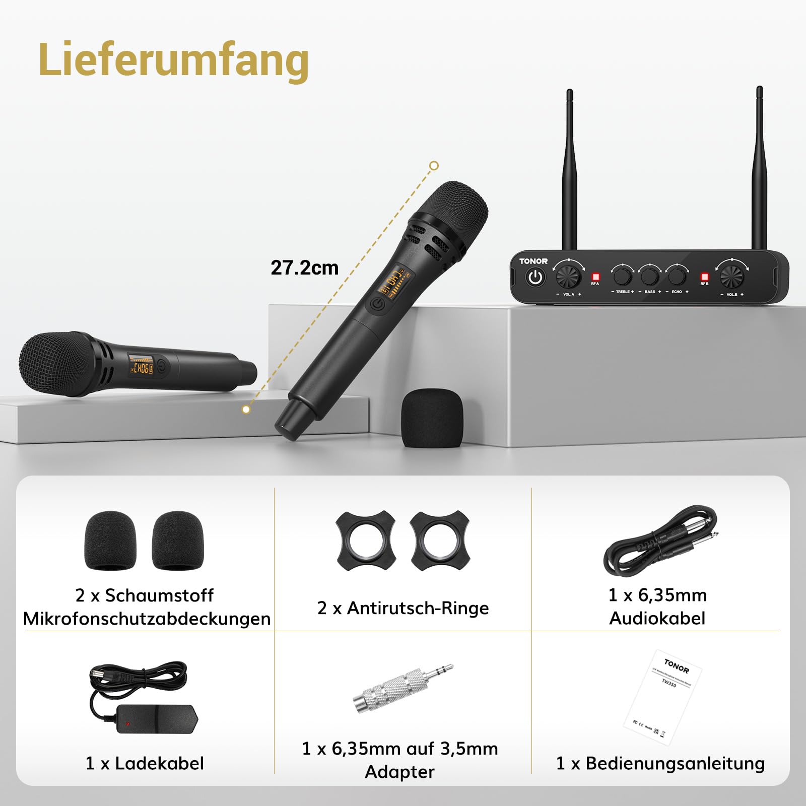 TONOR Dual Funkmikrofonen System kabellos, drahtloses Karaoke Mikrofon Set Wireless Microphone Handmikrofon dynamisch mit Empfänger, 60 m für Hochzeit Party Kirche Vortrag Bühne Reden TW350 Schwarz