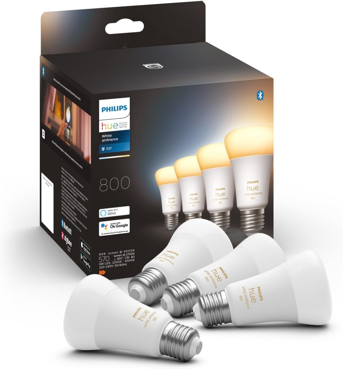 Philips Hue White Ambiance, ampoule LED connectée E27, équivalent 60W, 800 lumen, Pack de 4, compatible Bluetooth, fonctionne avec Alexa, Google Assistant et Apple Homekit