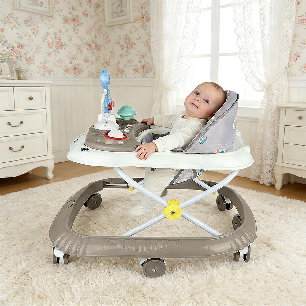 Andador 4 en 1, Andador plegable para bebé con bandeja de juegos interactiva con sonidos, base antivuelco, andador de ruedas de silicona y 4 posiciones de altura, de 6 a 18 meses (Kaki-67 x 72 x 92 cm