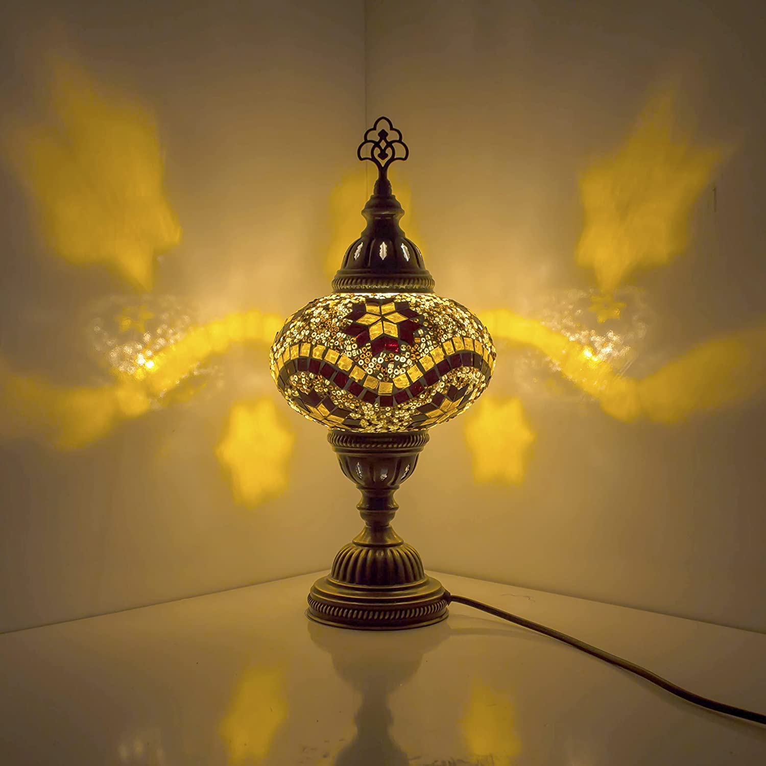 ENVA Turkish Moroccan Style Mosaic Multicoloured Desk Table Lamp, Bronze Base, Unique Light Large Globe (3009)