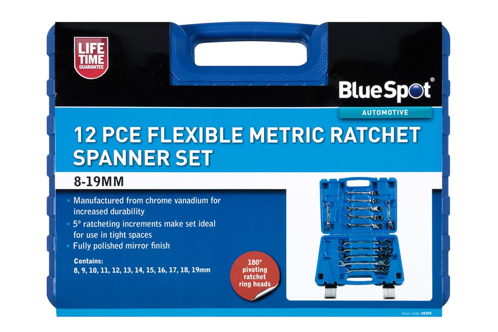 BlueSpot Tools Bluespot 12Pc Open & Closed Ended Flexible Metric Ratchet Spanner Set 8-19mm from B&Q