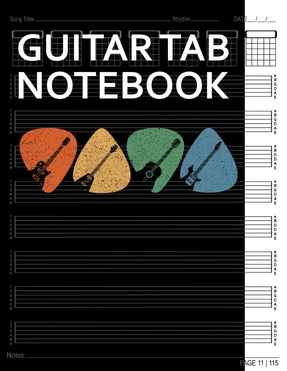 Guitar Tab Notebook: Retro Vintage Guitar Picks Blank 6 String Tablature for Guitarists. 100+ Pages Manuscript Tab Music Sheets Journal