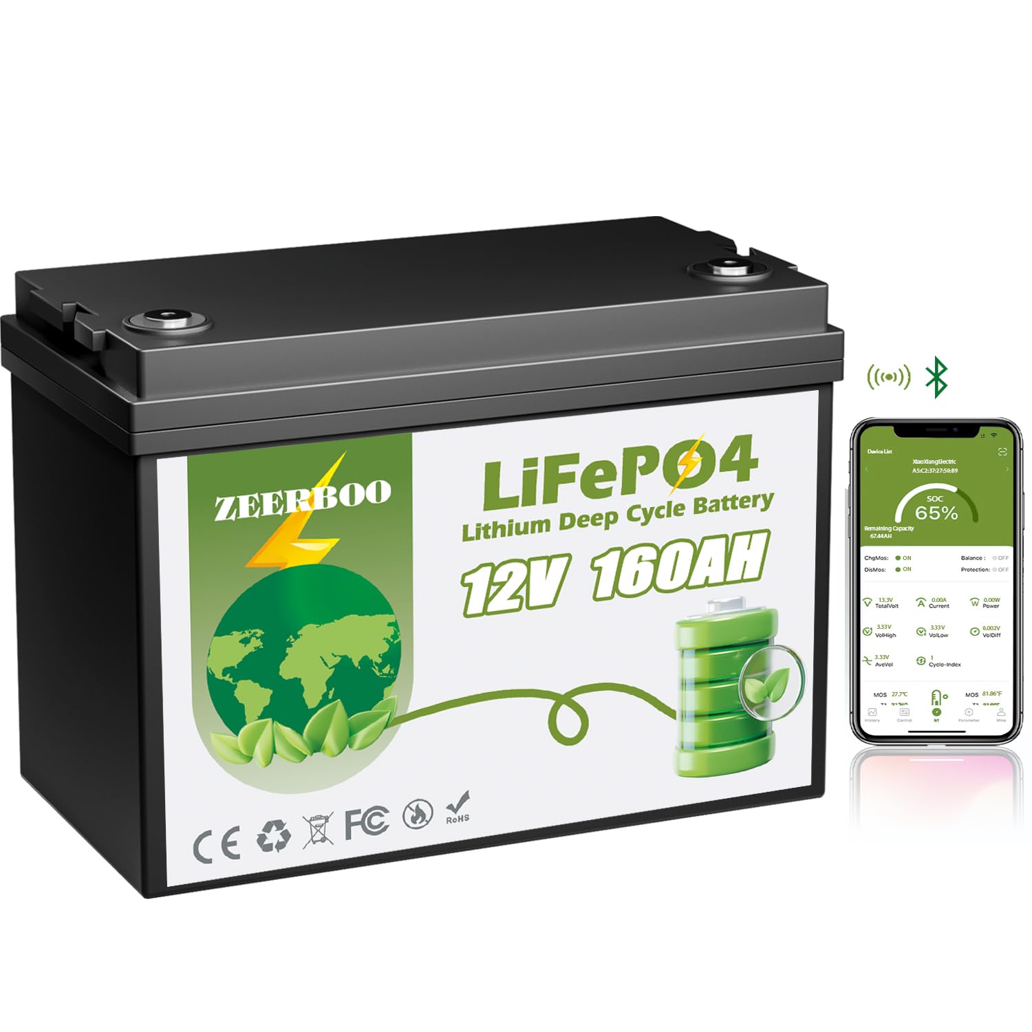 12V 160Ah LiFePO4 Battery with Smart Bluetooth, Group 31 Lithium Battery, 10 Years Lifetime, 150A BMS, Real-Time Monitoring, Perfect for RVs, Marine, Boat, Solar and Off Grid