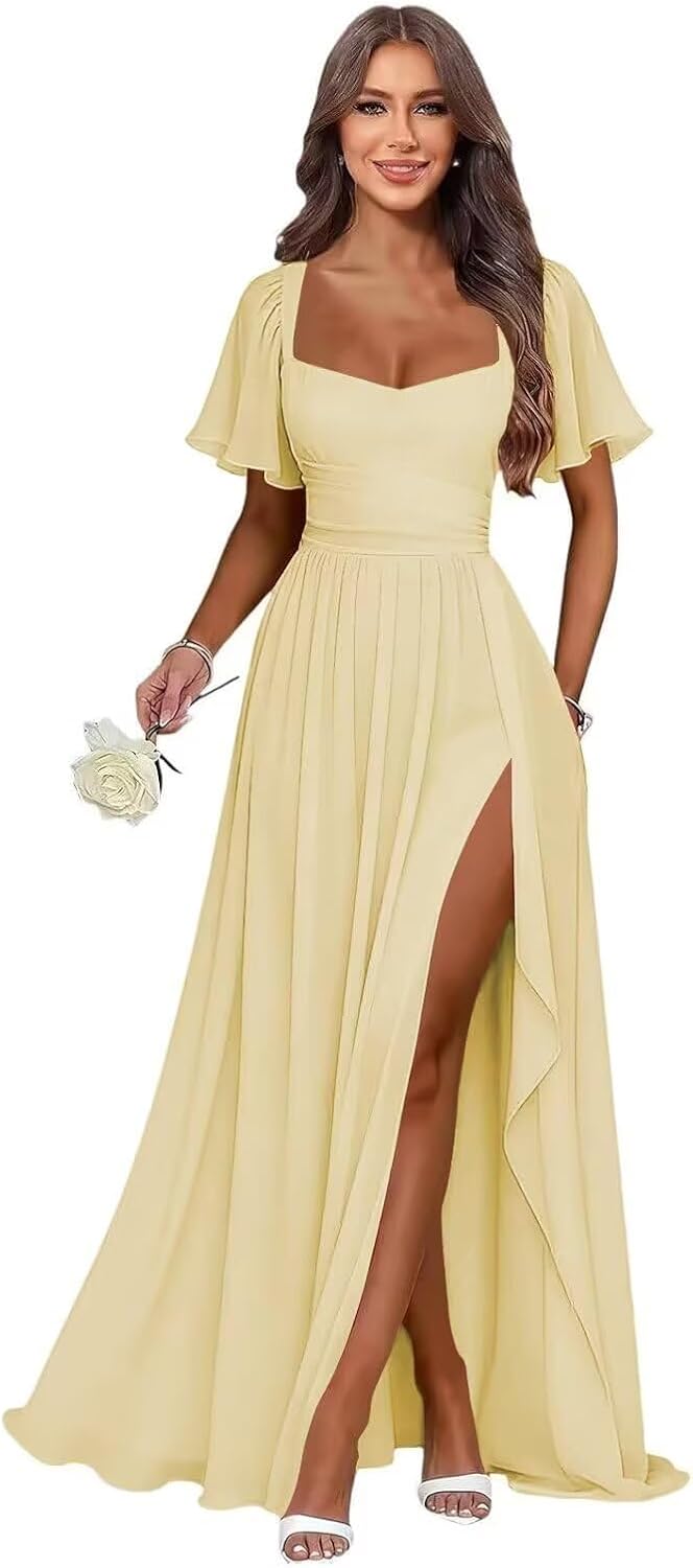 Chiffon Bridesmaid Dresses Short Sleeve Ruffle Formal Wedding Guest Dress A-Line Maxi Evening Gown with Slit