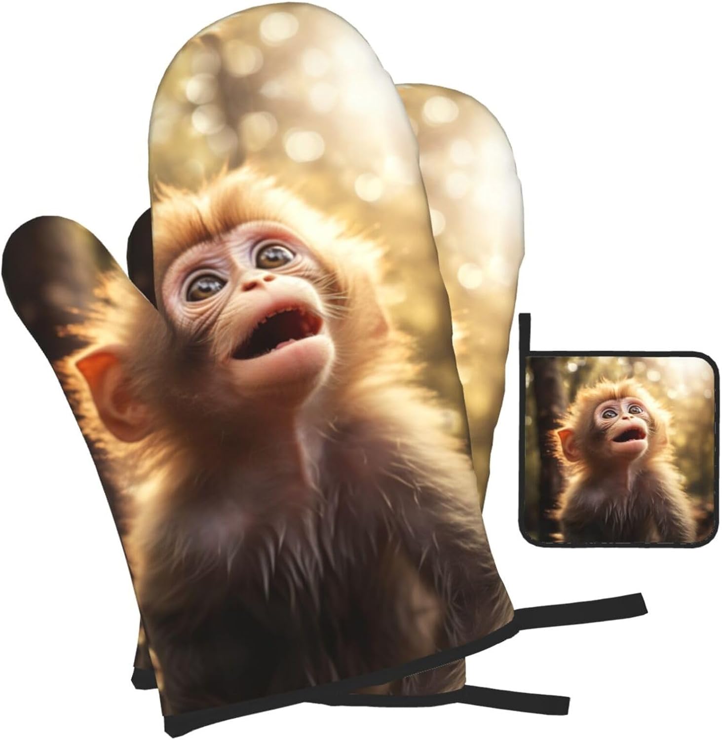Cute Monkey Print Heat Resistant Microwave Gloves, Used for Baking, Cooking, and Fashion Kitchen Essentials