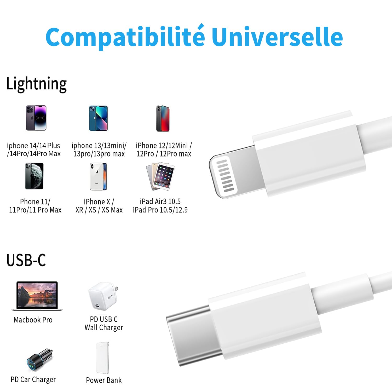 RCTech Câble USB C vers Lightning 1.8M -Lot de 3 [MFi Certifié] Charguer iPhone Charge Rapide Power Delivery pour iPhone 14/13/13PRO/12/12 PRO Max/12 Mini/11/11PRO/XS/XR/X/8/ 8Plus /iPad, Blanc