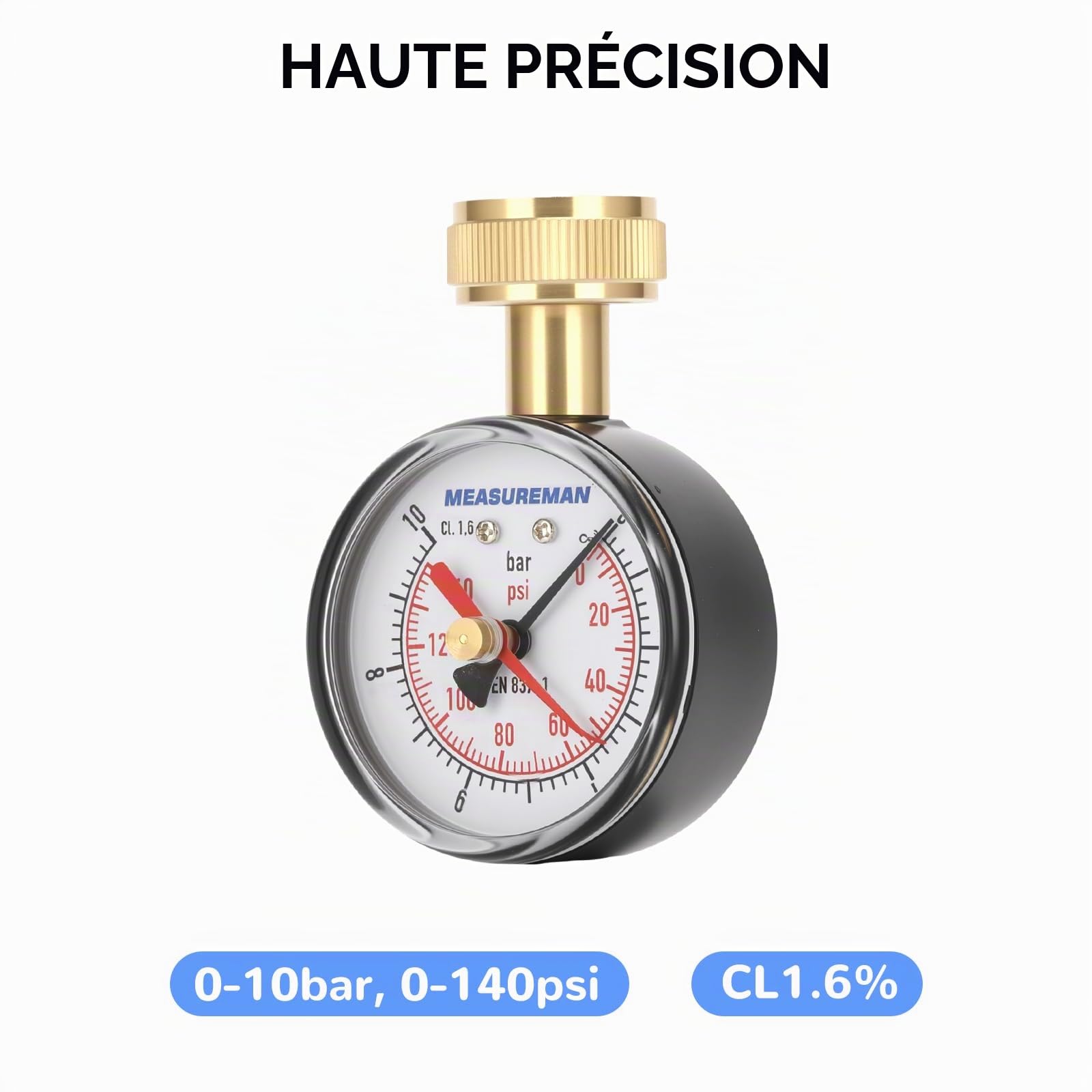 Manomètre de test de pression d’eau, filetage femelle 3/4" BSP pour tuyau, 0-10 bar avec aiguille témoin rouge.