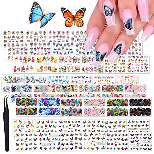WOKOTO 48 Sheets Nail Water Transfer Stickers with 1Pc Tweezers 3D Butterfly Water Slide Nail Art Decals Nail Wraps Manicure Decoration for Women