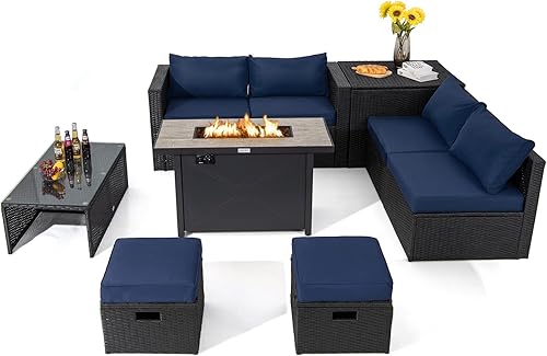 Miniatura 10 de Tangkula Sofá modular de mimbre para exteriores con mesa de chimenea de gas de 42 pulgadas 60000 BTU juego de conversación de patio que ahorra