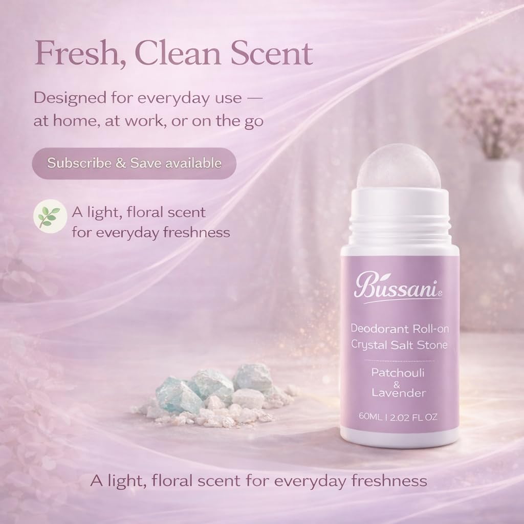 Bussani Deodorante naturale da 3 pezzi da 90 ml di lavanda al patchouli – Deodorante roll-on in pietra di cristallo per donna, protegge senza alcool, parabeni o alluminio, senza macchie e cruelty-free