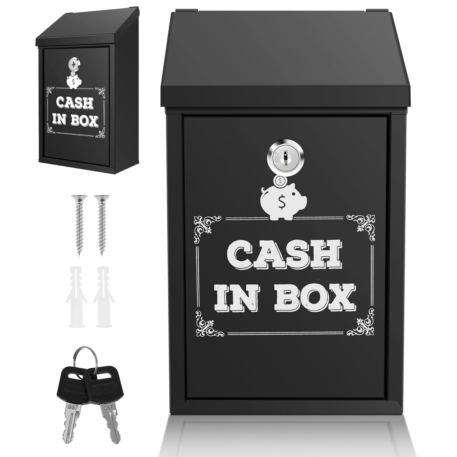 Suggestion Box for Mail and Documents, Lockable Cash Box with Two Slot, Wall Mounted Money Donation Boxes, Cash Drop Mailbox, Heavy Duty Metal Collection Boxes for Vote Key and Mail(Black)